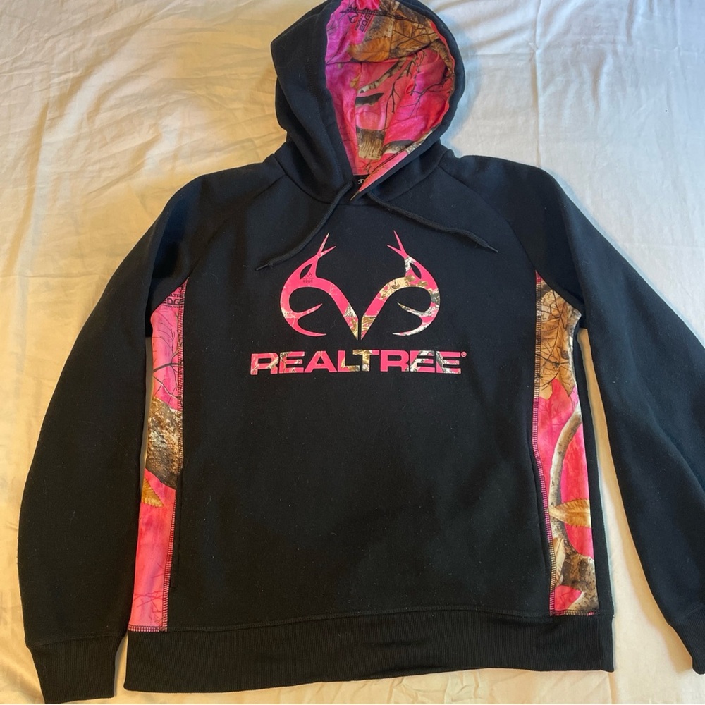 Realtree Sweatshirt Womens M Black Pink Camo Hoodie Outdoor Hunting